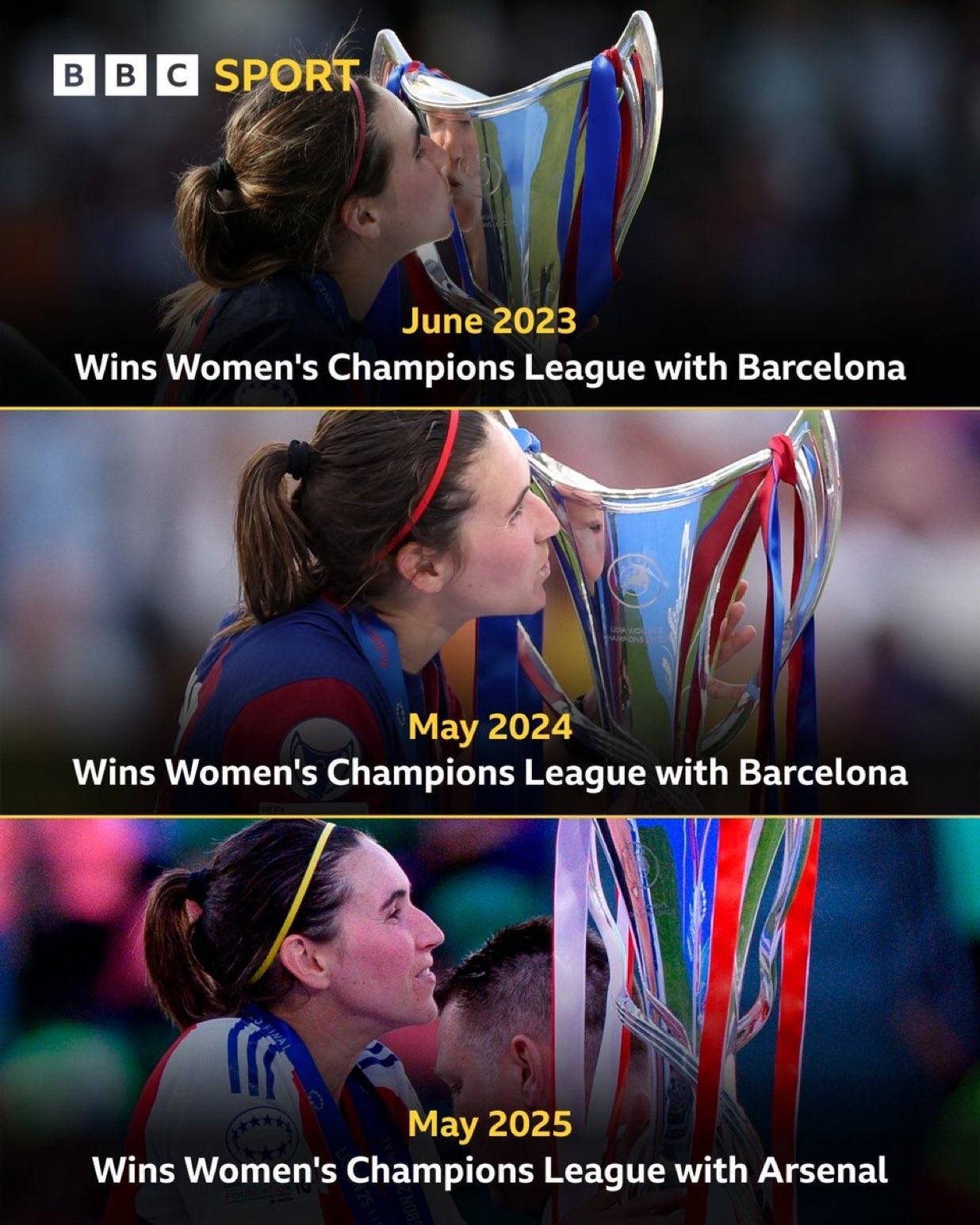 锦鲤阿森纳女足前锋卡尔登泰近5个赛季，4次随队问鼎女足欧冠